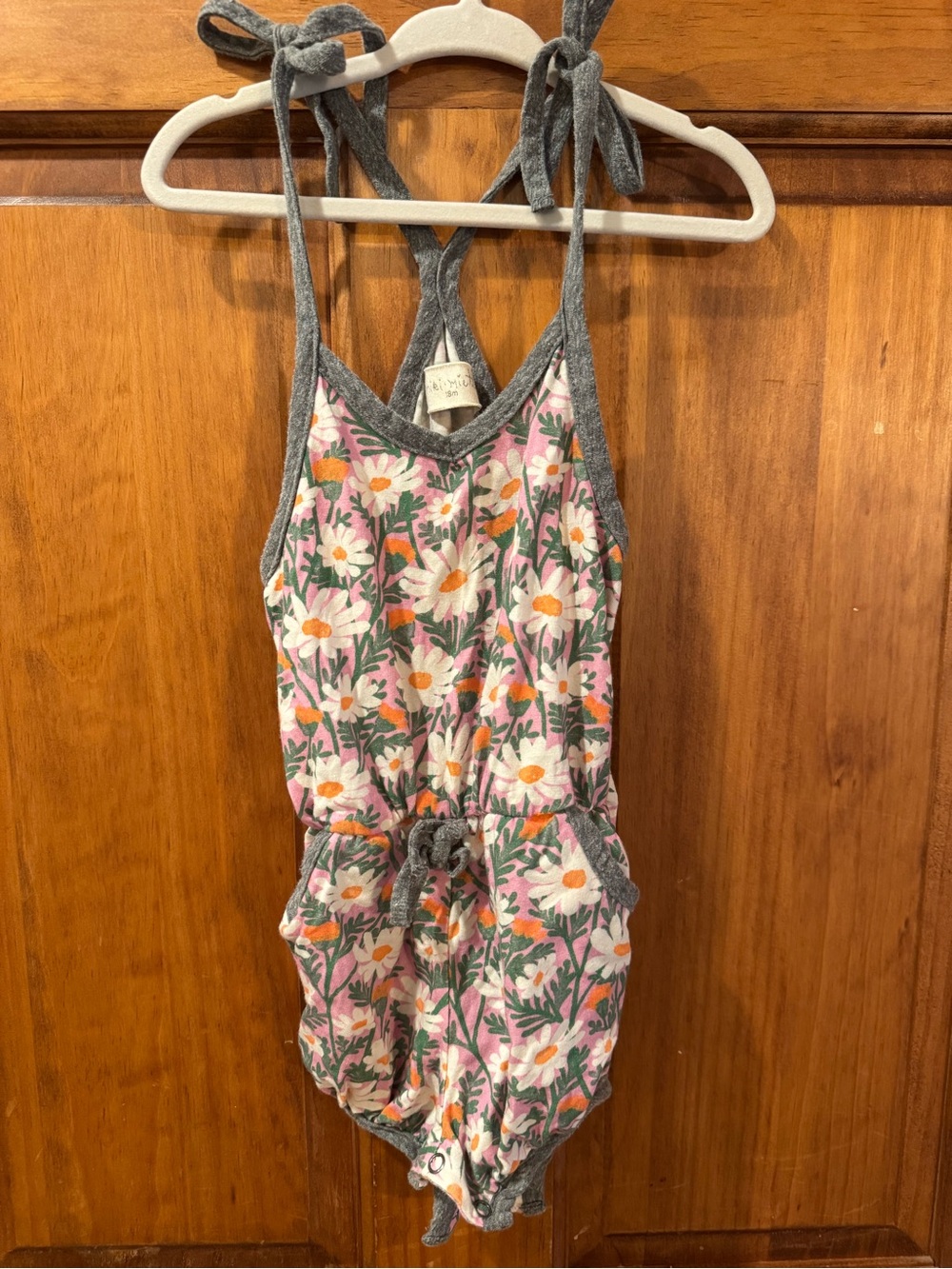 Girls Pink Floral Romper with Gray Trim - Miki Miette